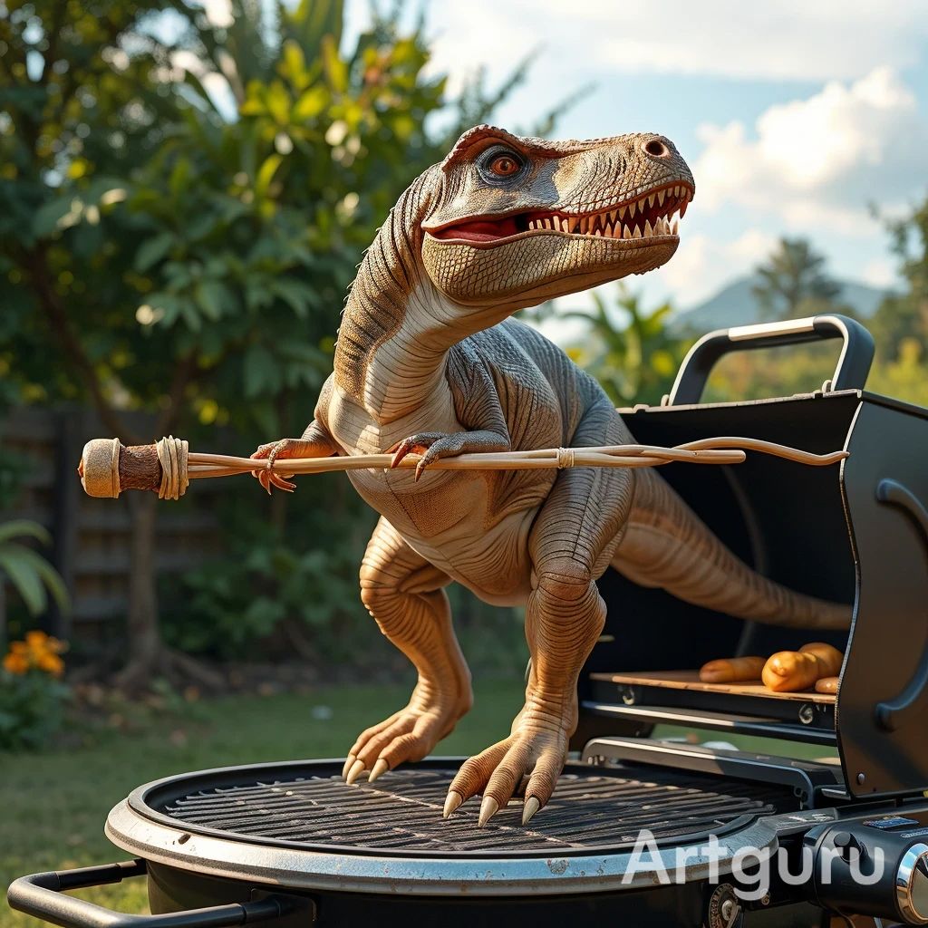 T-Rex on a BBQ grill